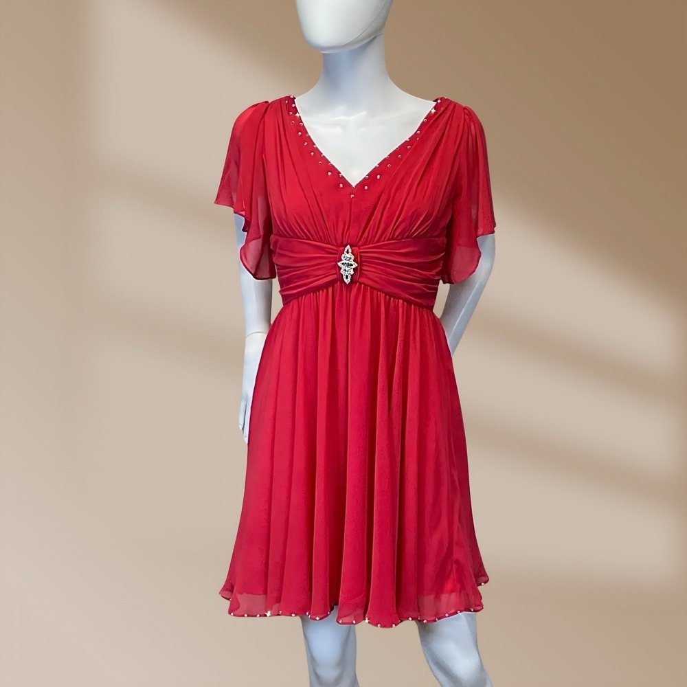 Suzi Chin Crystal Embellished Women's Size 4 Red Chiffon Formal Party Holiday - Picture 2 of 5